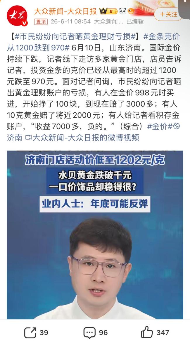 金条克价从1600跌到970!