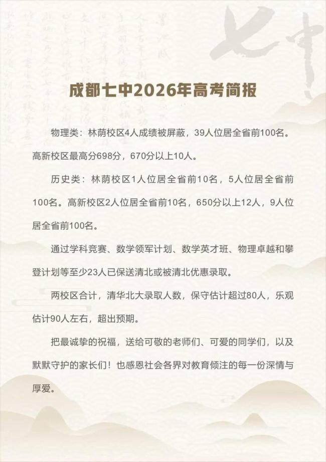 成都七中清北录取预估超80人