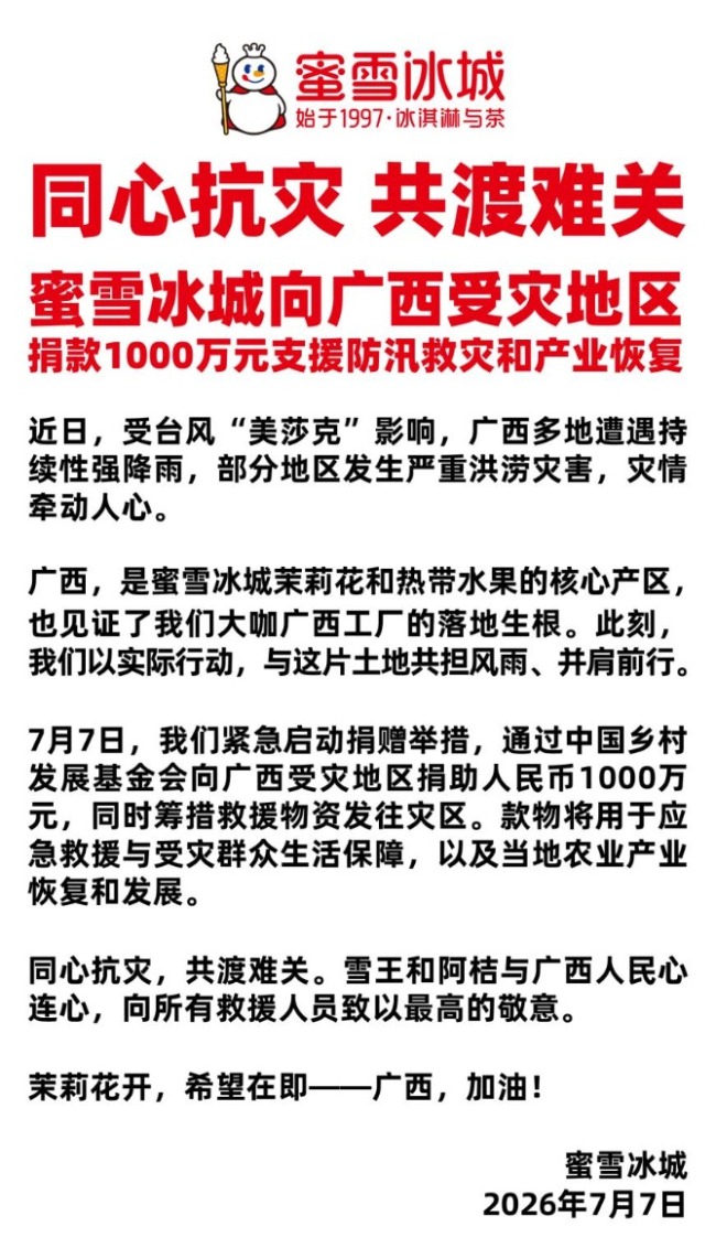 蜜雪冰城捐赠1000万驰援广西 助力灾区重建与发展