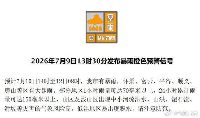 暴雨橙色预警：京津冀等10省市大暴雨