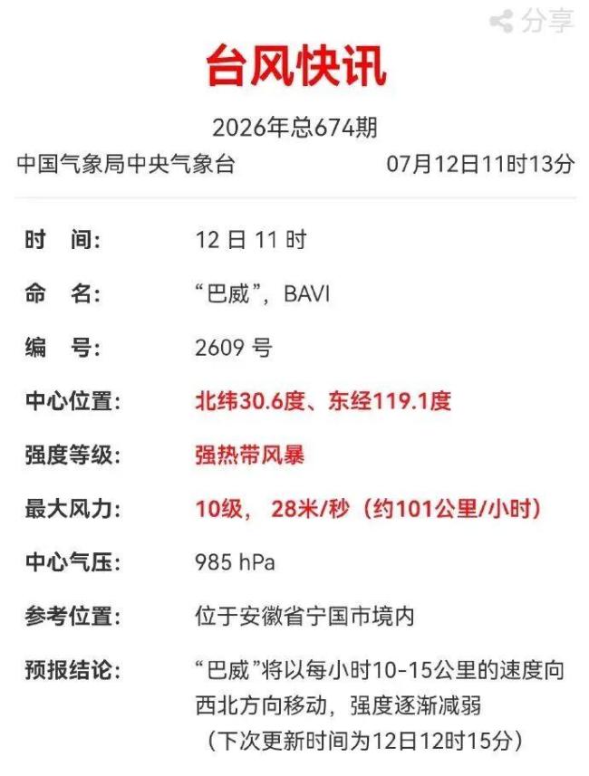 巴威已进入安徽