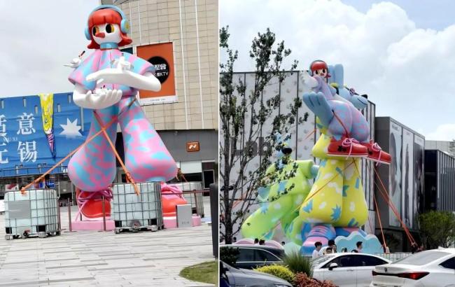 江浙多个大型雕塑遭五花大绑 防台风硬核操作走红网络