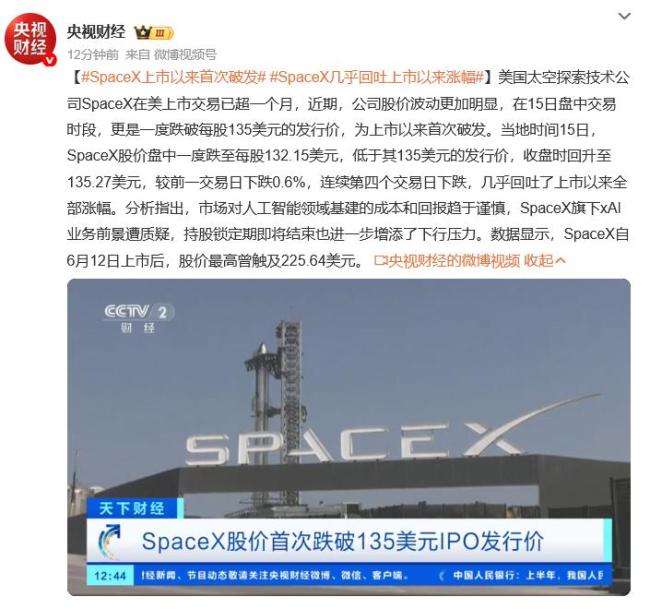 SpaceX上市以来首次破发