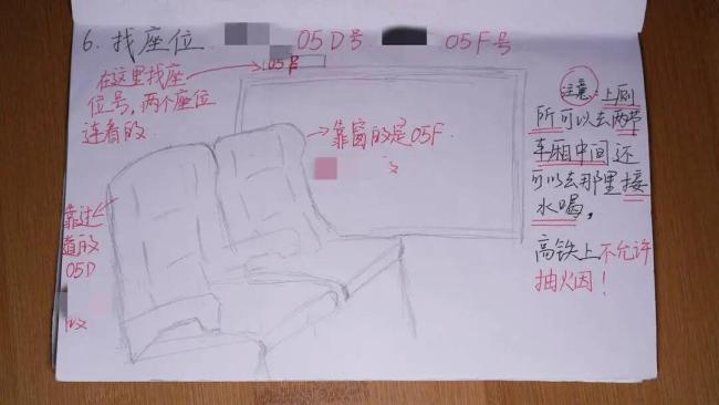 女儿手绘12页高铁乘车手册给父母 图文并茂指引路