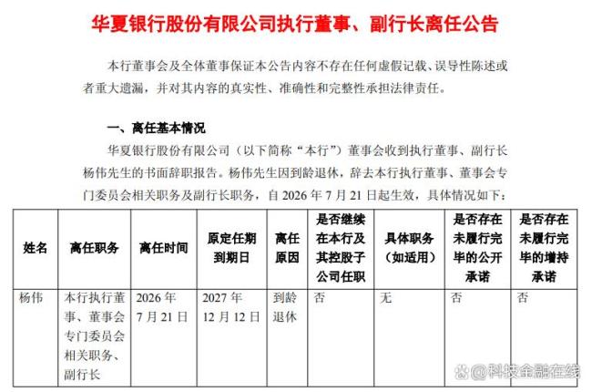 华夏银行副行长杨伟退休离任