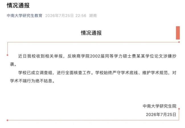 中南大学调查费某某被举报论文抄袭