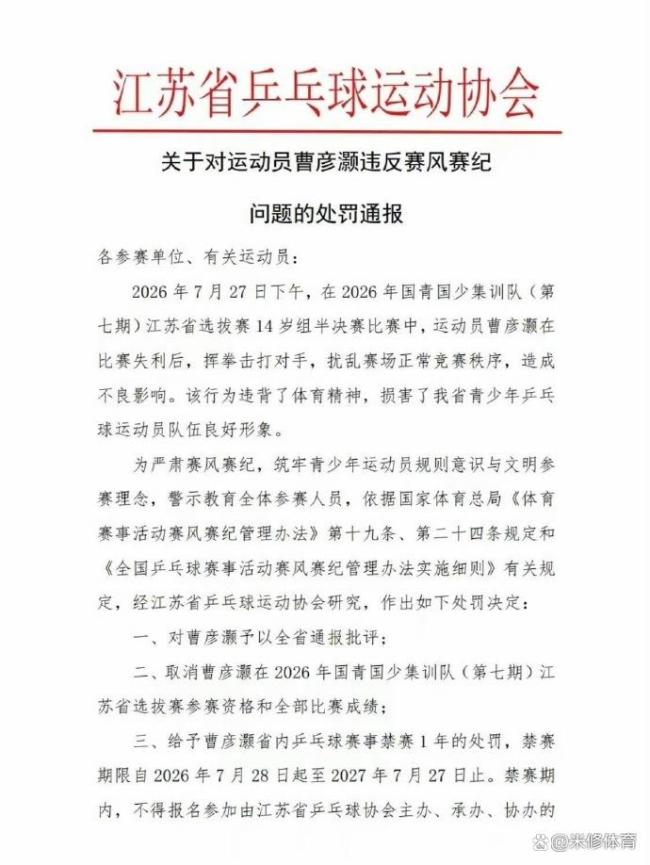 乒乓小将失利后拳击对手 官方通报 重罚决定公布