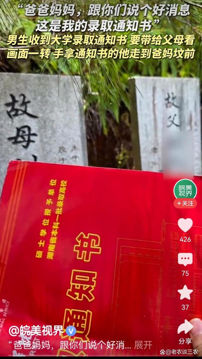 男生收录取通知书去父母坟前报喜