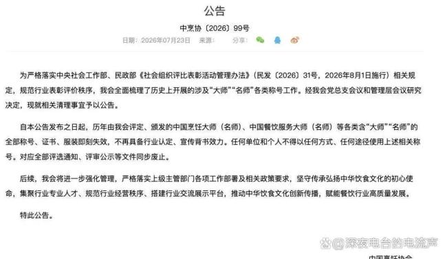 中国烹协清理称号 大师名师全作废