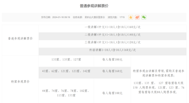 看完所有石窟需2000元？景区回应 特窟费用引争议