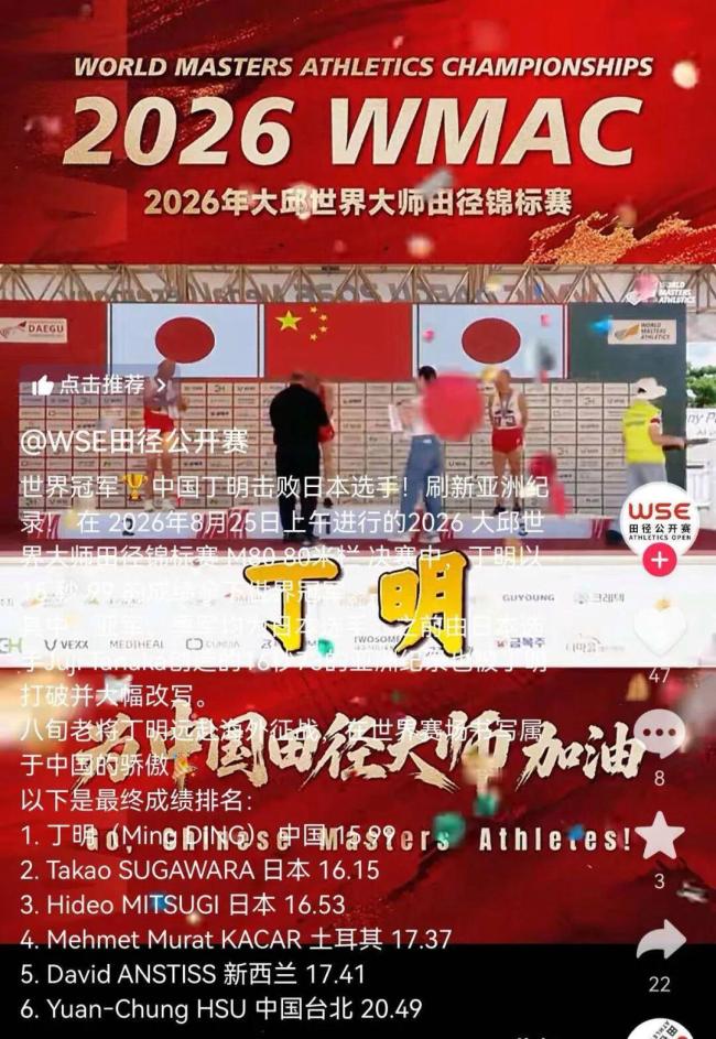 82岁中国老人在韩夺得跨栏世界冠军