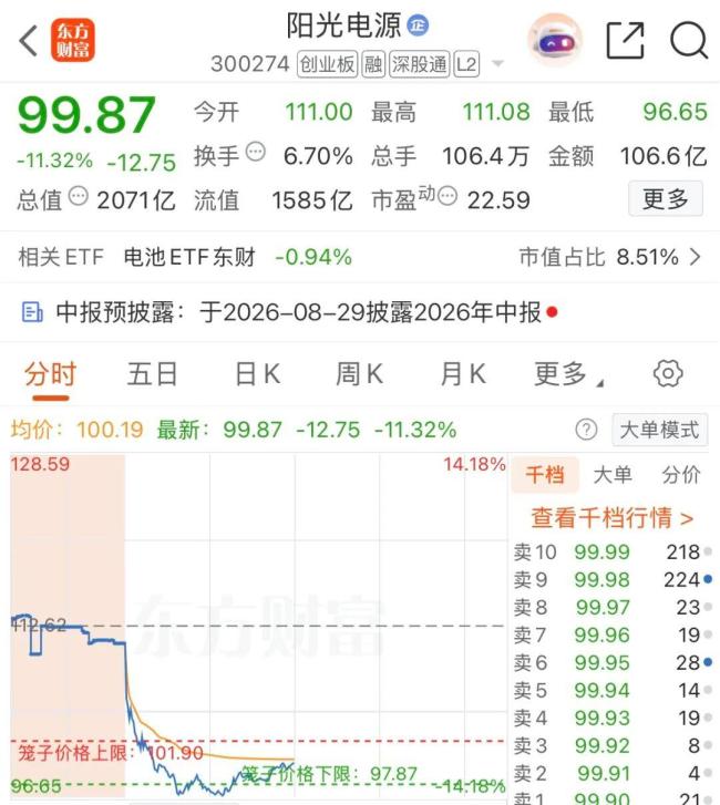 A股阳光电源大跌超11% 成交额破百亿
