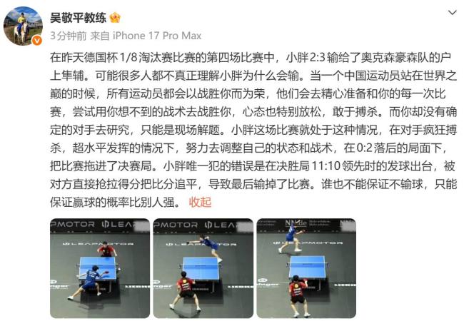 吴敬平回应樊振东输户上隼辅 心态与战术解析