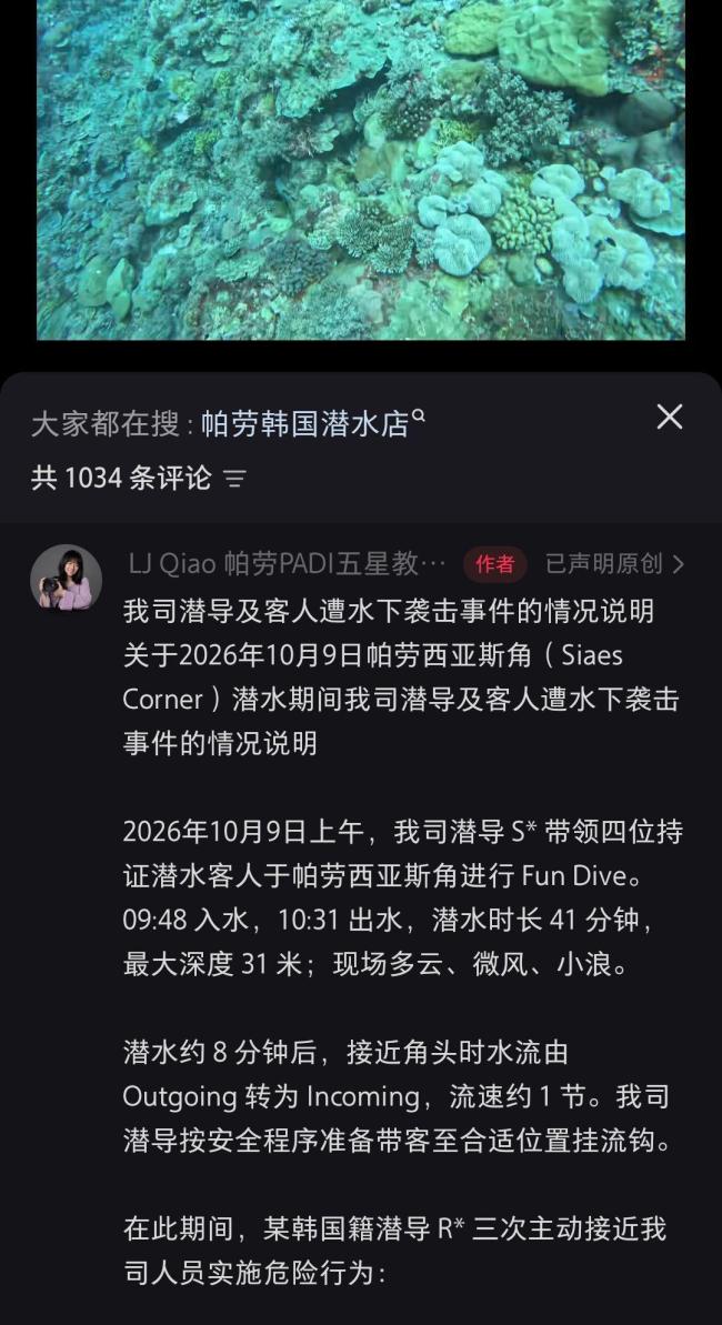 帕劳涉事潜导被暂停潜水工作 水下冲突真相待查