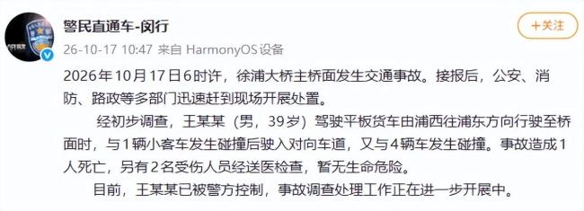 徐浦大桥肇事司机已被控制 事故致1死2伤