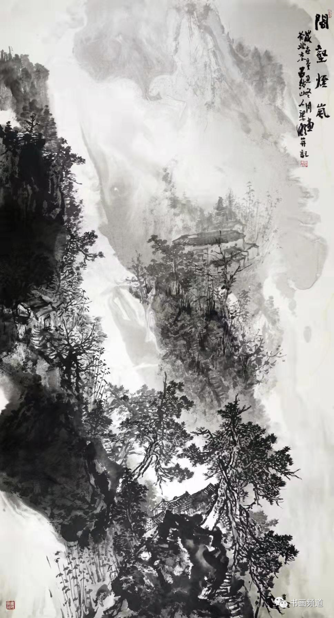 著名画家梁明做客大美之春2022美术界春晚作品展播现场创作泼墨山水