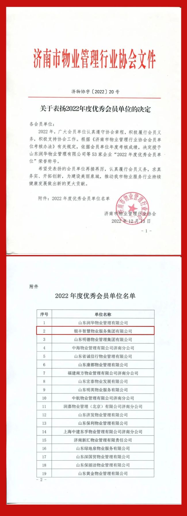 银丰物业荣获济南市物业管理行业协会“2022年度优秀会员单位”等多项荣誉