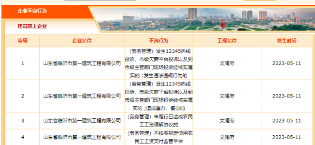 临沂市第一建筑工程公司新增4条不良行为，涉及郯城文澜府