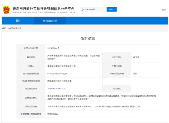 青岛谊东海洋石油工程有限公司因未经批准非法占用土地被罚款36万元