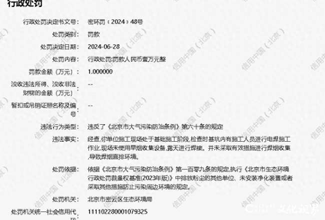 因违反《北京市大气污染防治条例》，山东宏安荣建筑有限公司被罚1万元