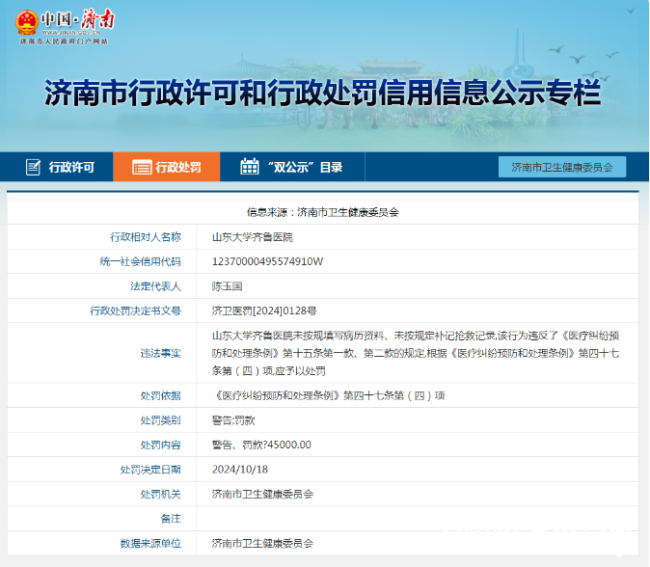 因未按规定填写病历资料及病案复印管理不合规致病案信息泄露，山大齐鲁医院合计被罚5.5万元