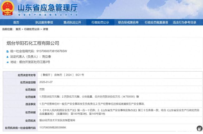 被罚75万元！烟台华阳石化工程有限公司因安全事故接罚单