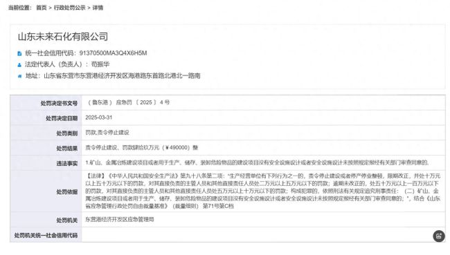 东营海成能源旗下未来石化因项目未批先建，被责令停止建设、罚款49万元