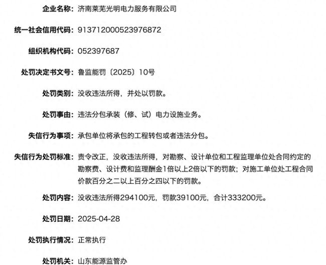 济南莱芜光明电力因违法分包承装（修、试）电力设施业务被罚没合计33万余元