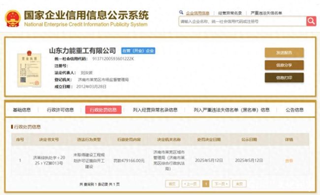 未取得建设工程规划许可证便擅自开工建设，山东力能重工接479166元罚单