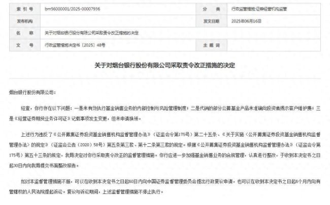 烟台银行在基金销售业务中存在多项违规被责令改正
