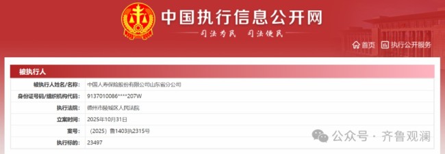 中国人寿山东省分公司年内5次成被执行人，合计被执行金额超56万元