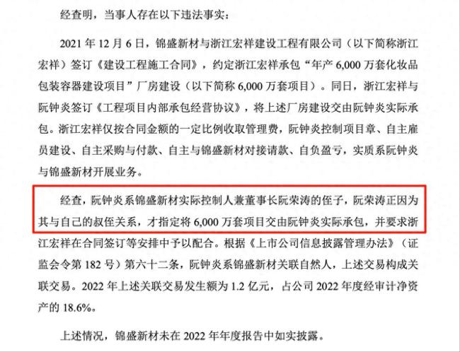 1.2亿元大项目“悄咪”承包给董事长侄子,锦盛新材隐瞒这笔关联交易被罚450万元