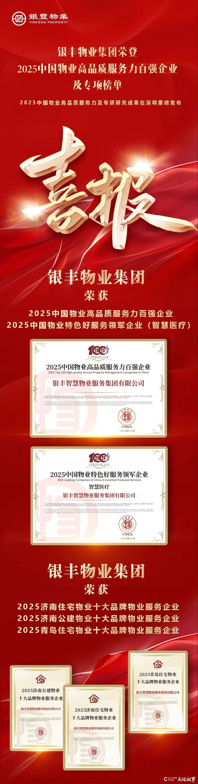 银丰物业集团荣登“2025中国物业高品质服务力百强企业”总榜及专项子榜榜单