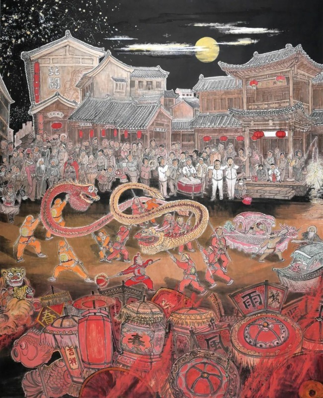 让古城的“春喧”盛景，在笔墨中凝结为永恒的美好——观梁宗文甘肃陇西迎春民俗非遗文化画作有感