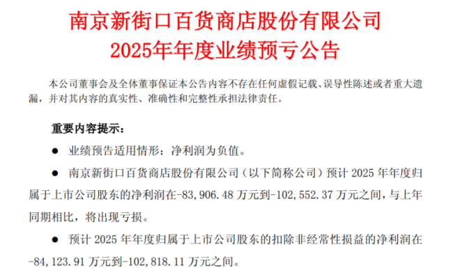 南京新百2025年预亏逾8亿——为进军细胞治疗领域收购的子公司产品滞销,商誉减值几乎吞噬过去三年利润