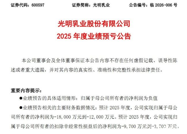 光明乳业2025年业绩预亏:营收连降三年,核心业务疲软,海外子公司持续拖累