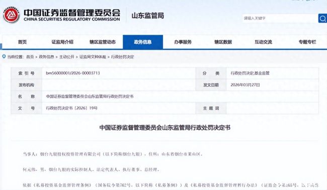 未实际履行资金募集及投资管理职责，烟台九银股权投资管理有限公司被罚120万元，实控人被罚36万元