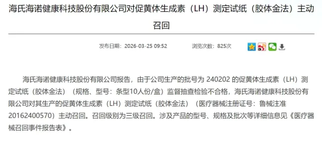 青岛海氏海诺一批次促黄体生成素（LH）测定试纸（胶体金法）临界值抽检不合格，企业启动三级召回