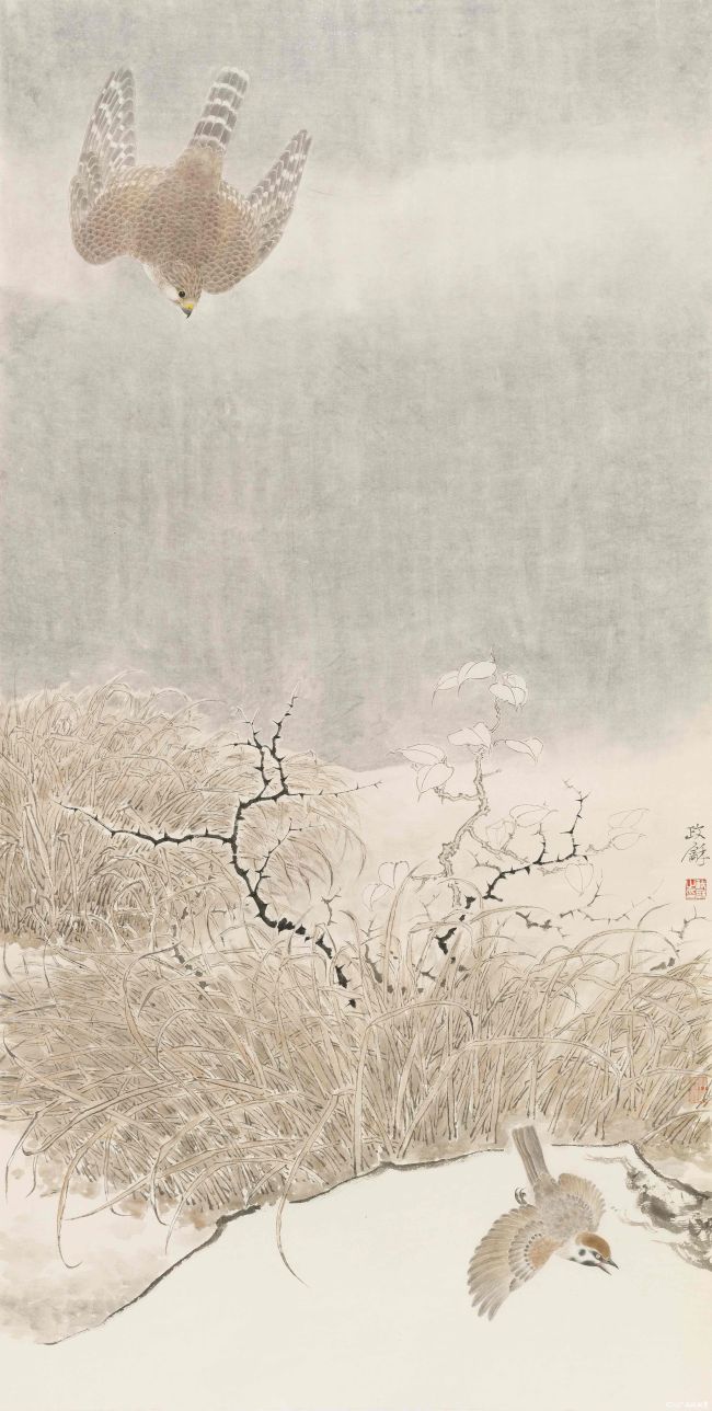 11 ⽅政和 中国画《拟元⼈俊隼逐雀图》138x70cm.jpg