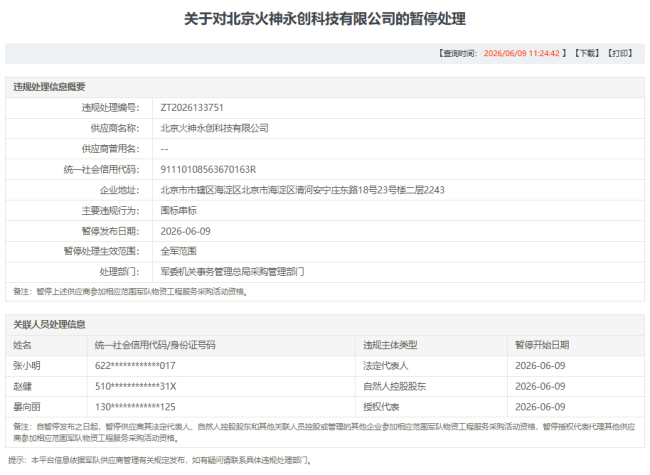 因围标串标,火神永创被暂停参加全军物资工程服务采购活动资格