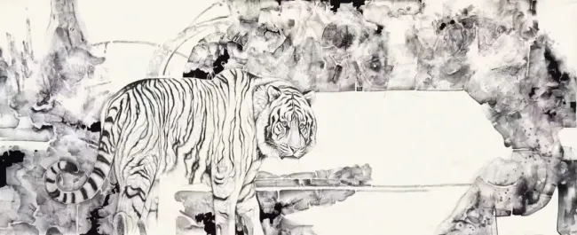 刘扬画虎丨线条自带厚重质感，虎身的纹理间似乎藏着山林中的呼啸