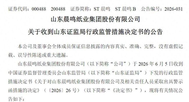 因多年关联方借款未披露，ST晨鸣及7位相关当事人收警示函，公司三年累亏170亿元