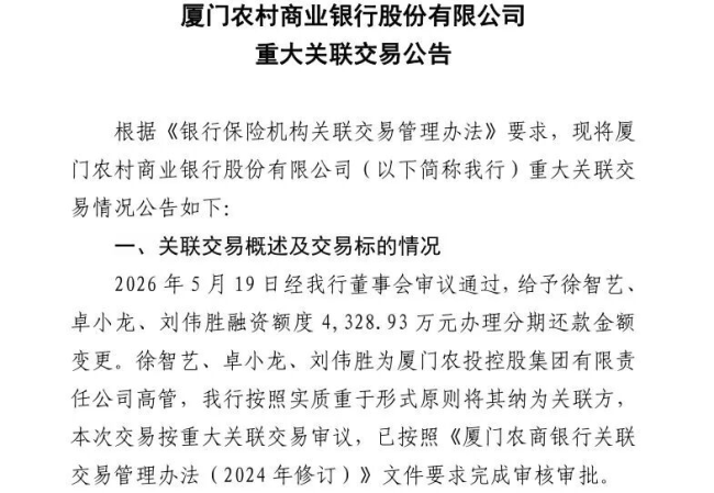 前行长变身千万借款人！厦门农商行关联交易引争议，经营业绩持续承压