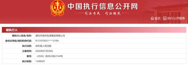 总执行标的约1.93亿元！潍坊市海洋投资集团频成被执行人，股东潍坊国控发展集团新增约79.8万元被执行人信息