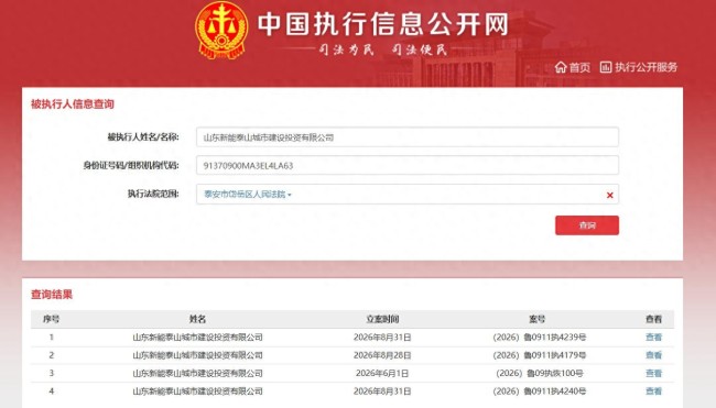 山东新能泰山城建公司新增多笔执行案件，合计执行标的1599万元