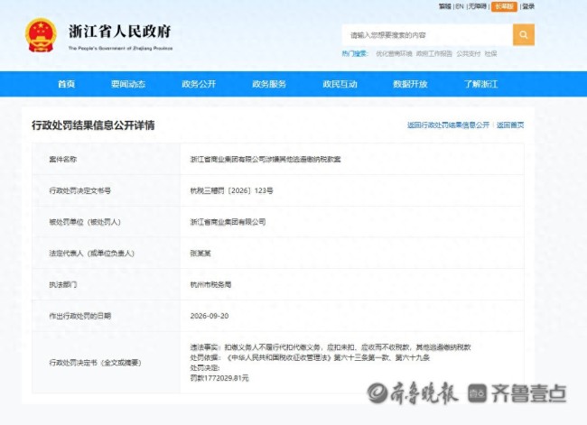 浙江省商业集团有限公司因涉税违法被罚超177万余元