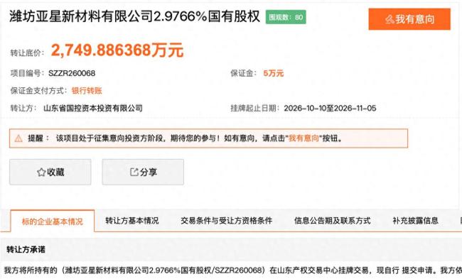 底价2749.89万元，山东省国控资本投资有限公司挂牌转让所持潍坊亚星新材料2.9766%国有股权