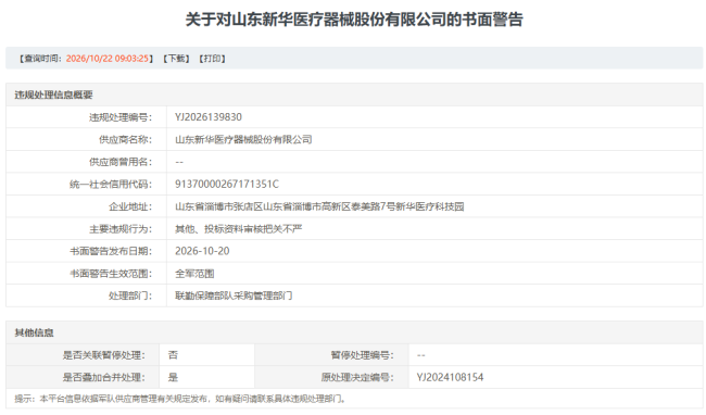因投标资料审核把关不严，新华医疗被军队采购管理部门给予书面警告，两年两触军采红线