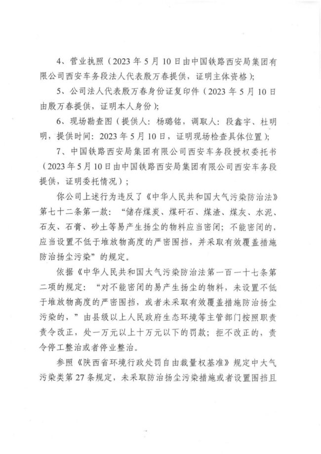 存放砂石料时露天堆放未采取防止扬尘措施，商南县中国铁路西安局西安车务段被罚10万元