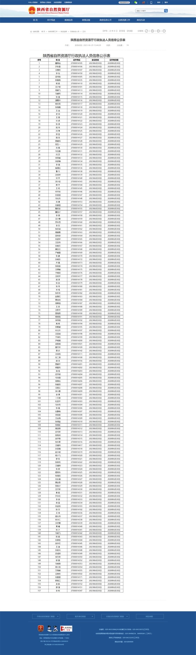 陕西省自然资源厅行政执法人员信息公示表